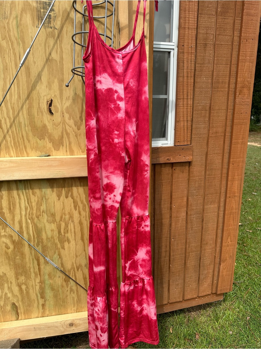 SHEIN Red Tie-Dye Tiered Wide-Leg Jumpsuit
